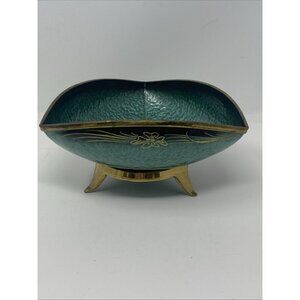 Vintage MCM Oppenheim Teal Green Enamel Triangular Footed Bowl Gold Brass Israel